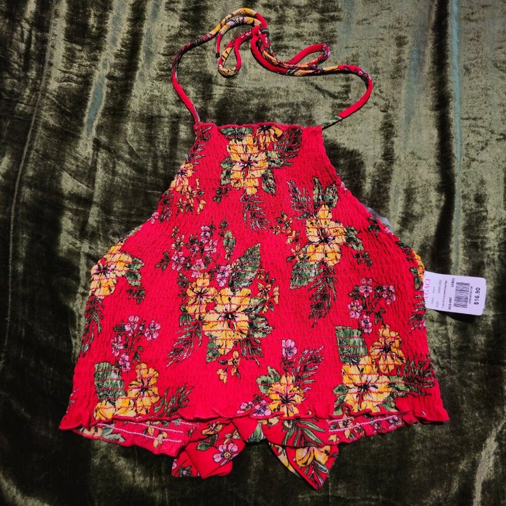 Tropical floral print halter tie back crop top